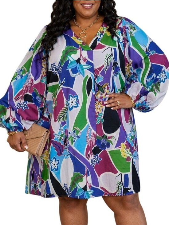 Cotton Bleu Dresses & Skirts - Cotton Bleu Plus Size 1X Dress Tunic Multicolor Floral Print Long Sleeve Pockets